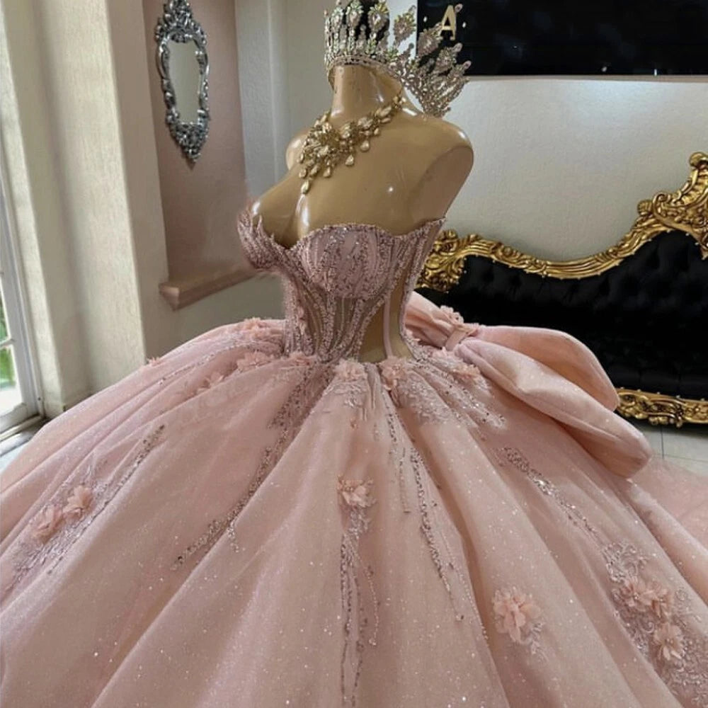 Pink Quinceanera Dress Sweet 15 16 Bow Beaded 3D Floral Glitter Ball Gown Quinceanera Dresses