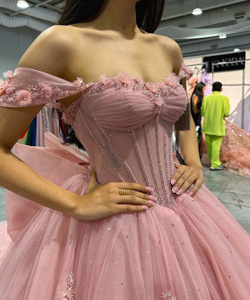 Pink Quinceanera Dress Ball Gown Applique 3D Flower Sweet 16 Party Prom Dress