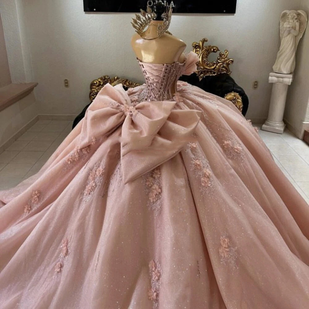 Pink Quinceanera Dress Sweet 15 16 Bow Beaded 3D Floral Glitter Ball Gown Quinceanera Dresses