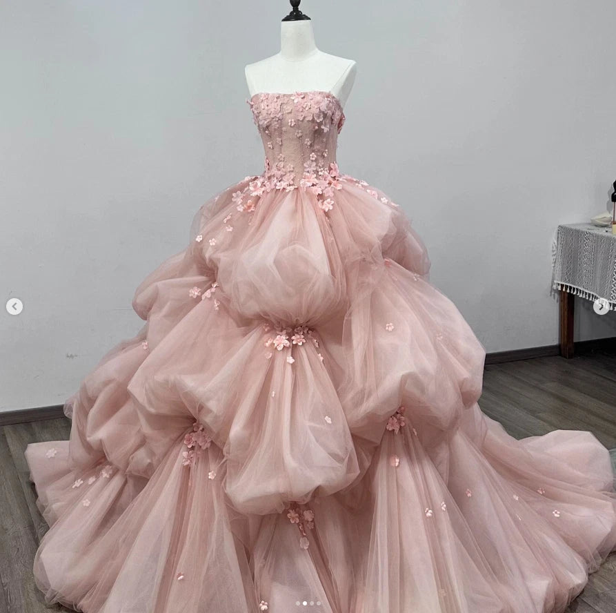 Pink Ruffle Quinceanera Dress 3D Floral Sweet Sleeveless 15 16 Party Ball Gown Prom Dress