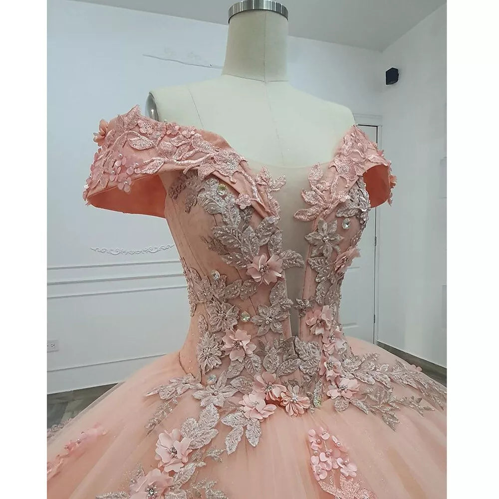 Pink Quinceanera Dress Sweet 16 Beaded Off-Shoulder 3D Floral Ball Gown Quinceanera Dresses