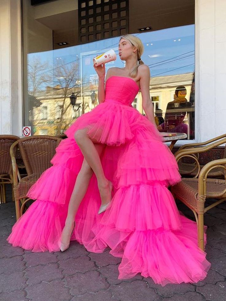 Hot Pink High Low Tulle Long Prom Dresses, Hot Pink High Low Formal Gr formalgowns Hot Pink High Low Tulle Long Prom Dresses, Hot Pink High Low Formal Gr formalgowns