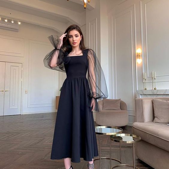 black puff sleeve prom dress Simple V Neck Puffy Sleeves Satin Long Prom Dress, Satin Evening Dress shopluu