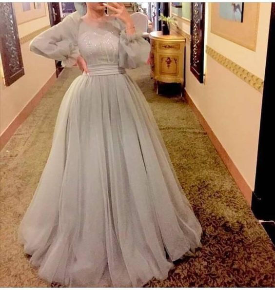 Robe de bal en tulle gris argenté, coupe trapèze, robe de soirée en tulle fg2913