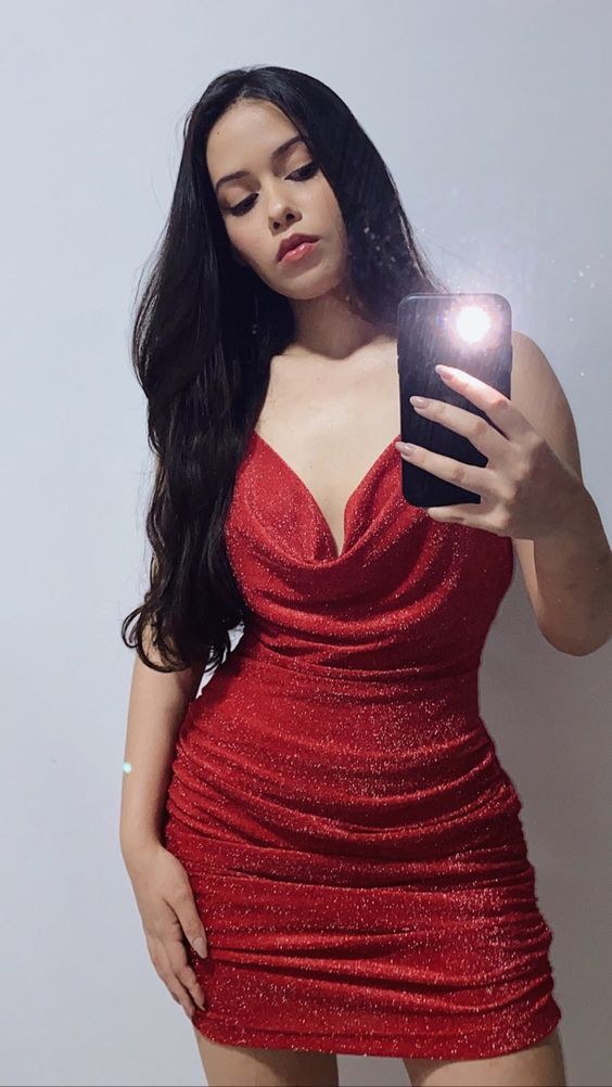 Glitter red homecoming dresses,low neck mini prom dress,sparkle red graduation dress fg3055