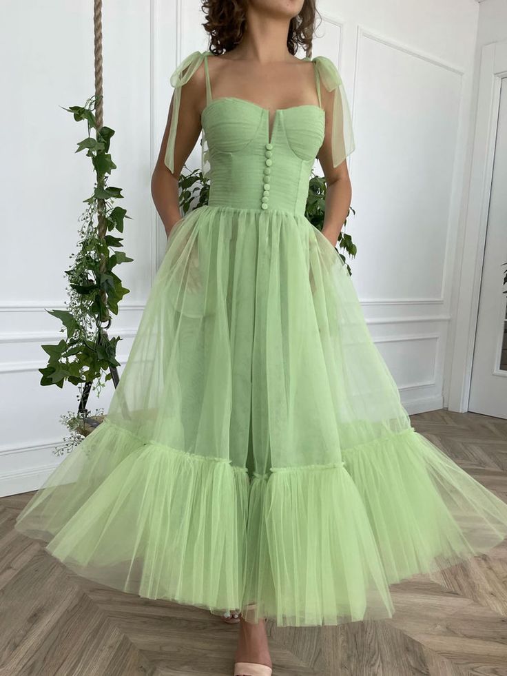 Robe de bal simple en tulle vert, longueur thé, robe de soirée verte fg2656