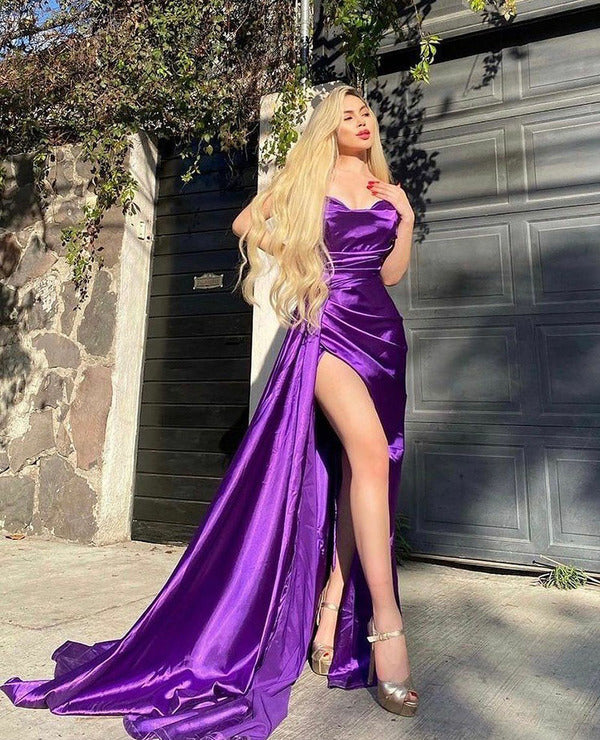 Sexy purple Mermaid Satin Long Prom Dresses Side Slit Long Evening Gow formalgowns Sexy purple Mermaid Satin Long Prom Dresses Side Slit Long Evening Gow formalgowns