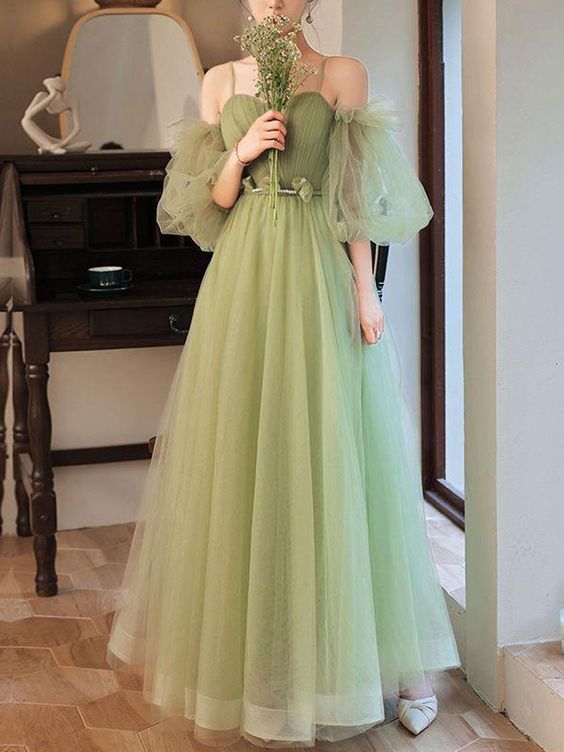 grünes A-Linien-Ballkleid aus Tüll, grünes Abendkleid aus Tüll fg2704