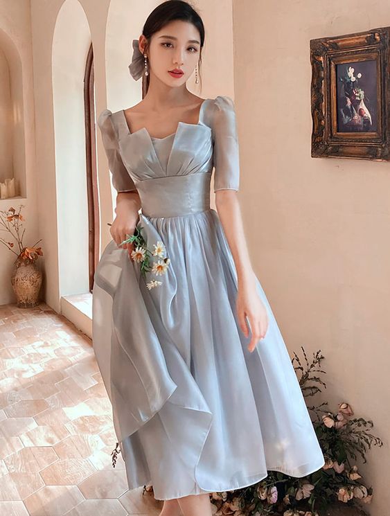 Simple Gray Short Sleeve Bridesmaid Evening Party Midi Dress fg2968
