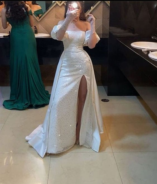 Schulterfreies, langes weißes Ballkleid fg2984