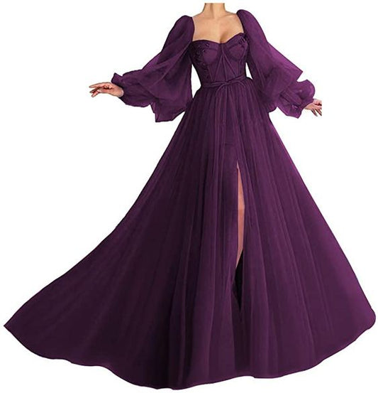 Robe de bal à manches bouffantes, décolleté en cœur, en tulle, avec fente, robe de soirée princesse fg2639