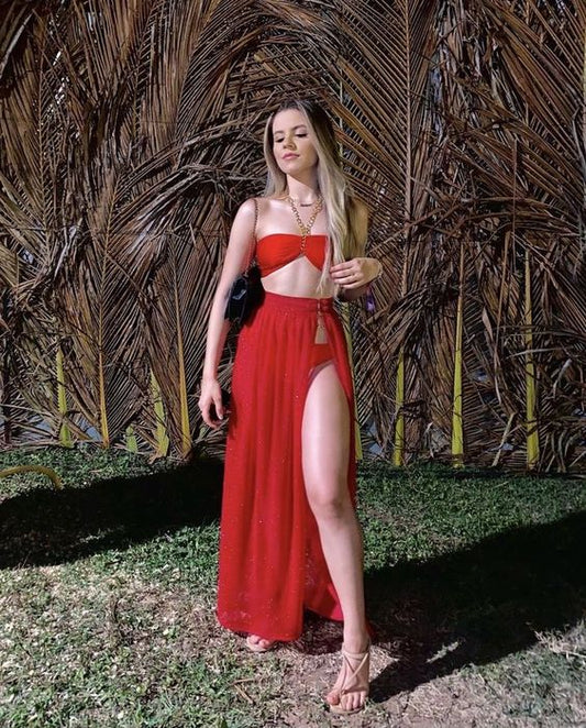 Robe de bal rouge élégante deux pièces, longue robe de soirée fg2648