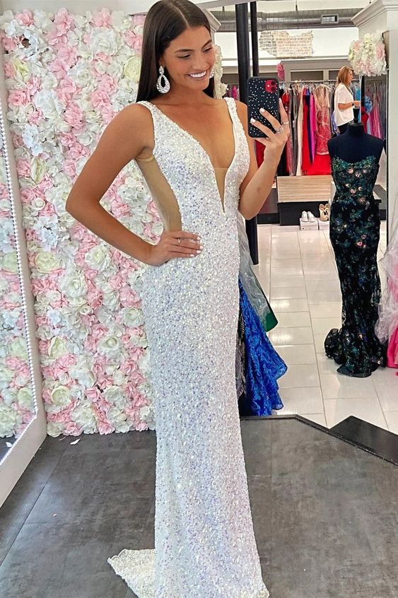 White Sequin V-Neck Mermaid Long Formal Dress,Sparkly Prom Dresses fg2803