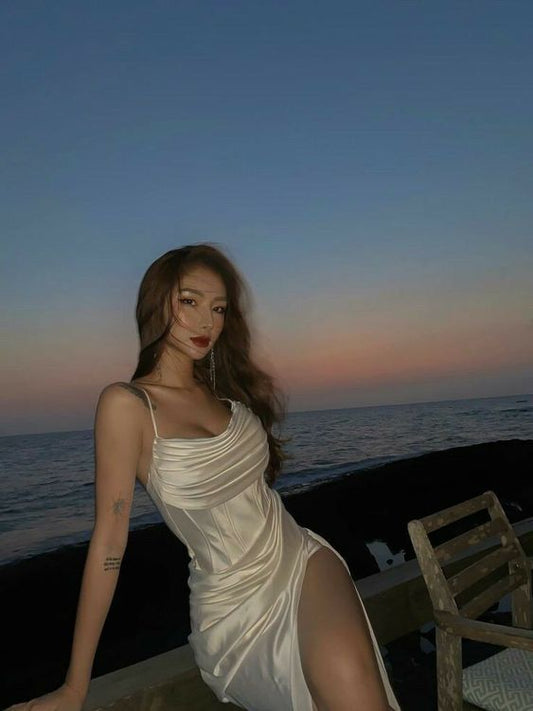 Elfenbeinfarbenes Abendkleid, lang, sexy, fg2866