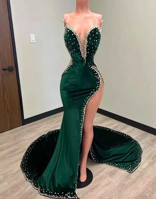 Robe de soirée sirène en velours vert chasseur, style africain Aso Ebi, avec cape fendue, fines bretelles, perles scintillantes, fg2901