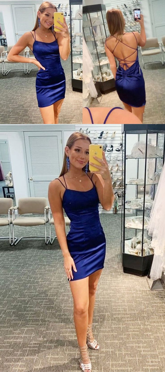 Robe de soirée courte en satin bleu roi à dos nu fg3050