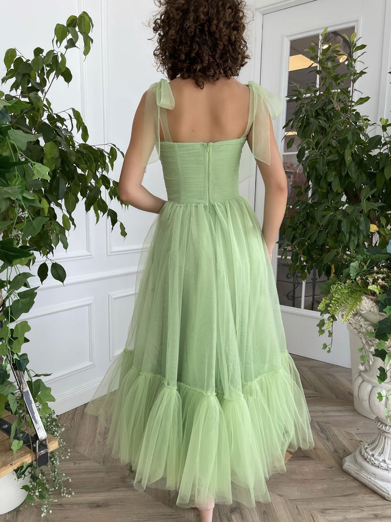 Robe de bal simple en tulle vert, longueur thé, robe de soirée verte fg2656