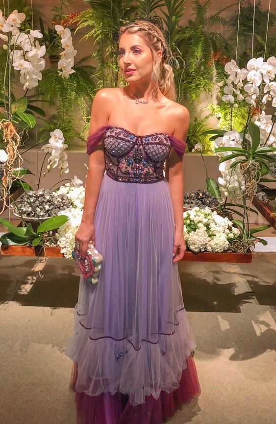 Robe de soirée trapèze en tulle, longue, à perles et épaules dénudées, fg2658