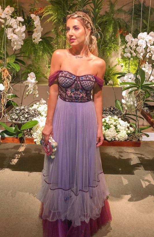 Robe de soirée trapèze en tulle, longue, à perles et épaules dénudées, fg2658