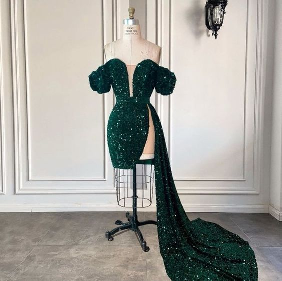 Green sequins short party dress, birthday dress with train fg2939