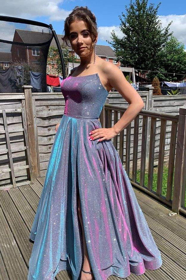 Robe de bal trapèze violette à sequins multiples, sans bretelles, fg1074