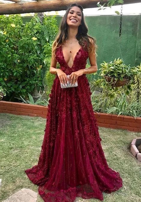 Luxurious A-Line V Neck Burgundy Lace Long Prom Evening Dresses fg2617 formalgowns Luxurious A-Line V Neck Burgundy Lace Long Prom Evening Dresses fg2617 formalgowns
