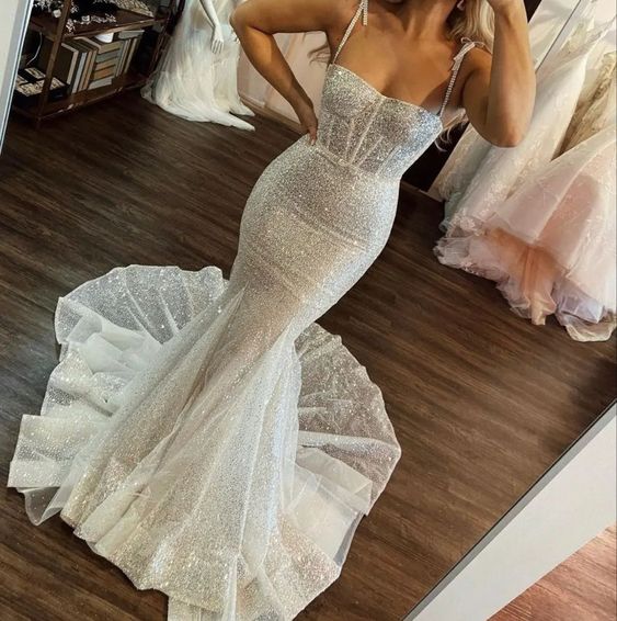 Robe de bal sirène sexy ivoire à paillettes, robe de mariée longue fg2400