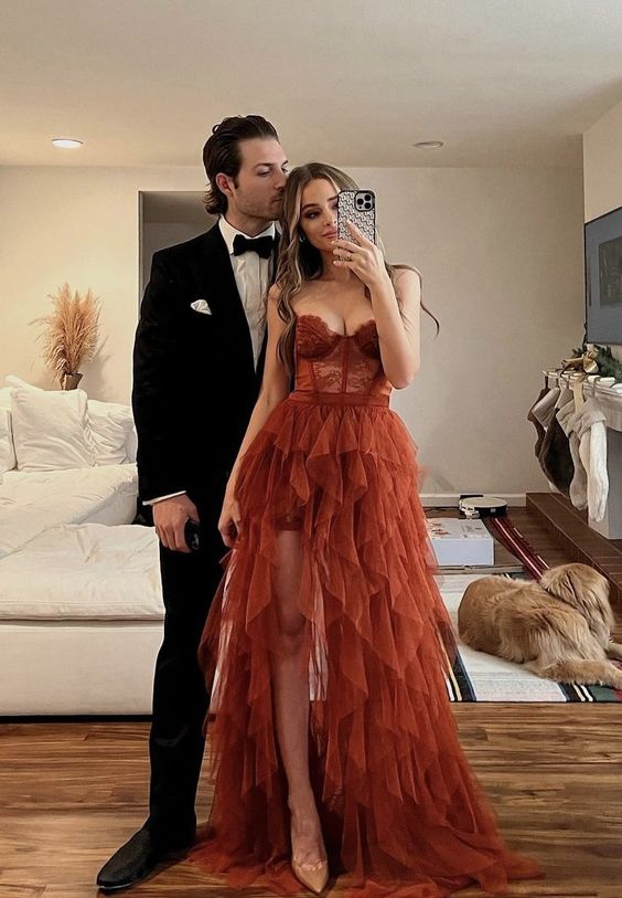 Gorgeous Sweetheart Rust Tiered Long Formal Dress with Slit fg2555 formalgowns Gorgeous Sweetheart Rust Tiered Long Formal Dress with Slit fg2555 formalgowns