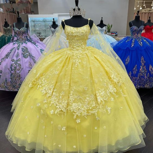 Robe de Quinceanera bouffante, robe de bal longue avec cape amovible, robe de bal jaune fg2092