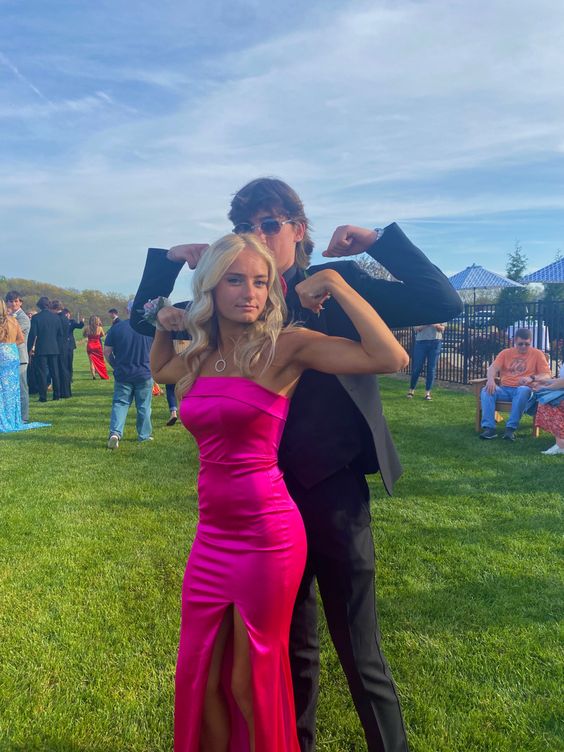hot pink prom dresses cheap Hot Pink Floral Straps Mermaid Satin Long Prom Dress, Hot Pink / 16