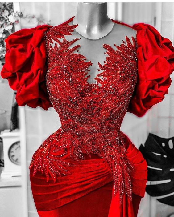 Mermaid Beaded Formal Evening Red Prom Dress fg1852