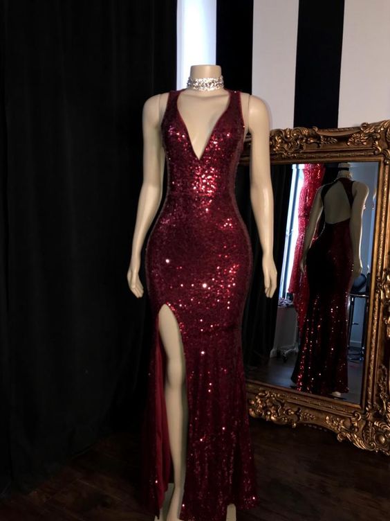 Burgundy sequin long prom dress fg2379