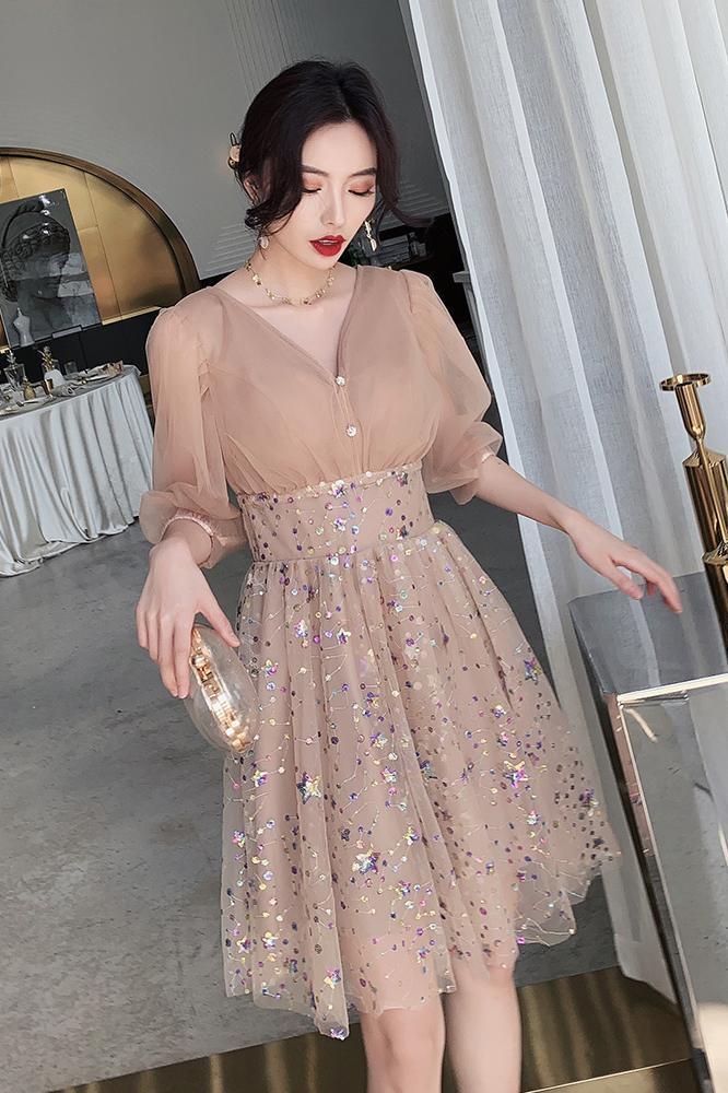 3/4 Sleeve V Neck Pink Knee Length Tulle Homecoming Dresses Short Prom Dresses fg1660