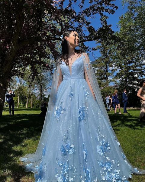 Sweet Sparkly V Neck Blue Tulle Prom Dresses with 3D Flowers fg2366