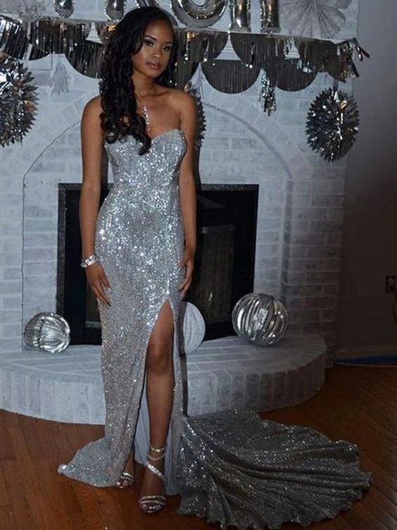 silver sequin dress with split Silver Sequins Bridesmaid Dress V-Neck Sleeveless Side Split