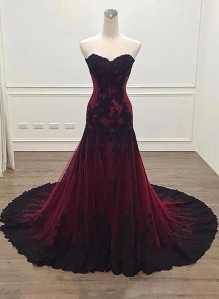 Robe de soirée glamour noire et rouge en tulle et dentelle, décolleté en cœur, longue robe de soirée fg2557