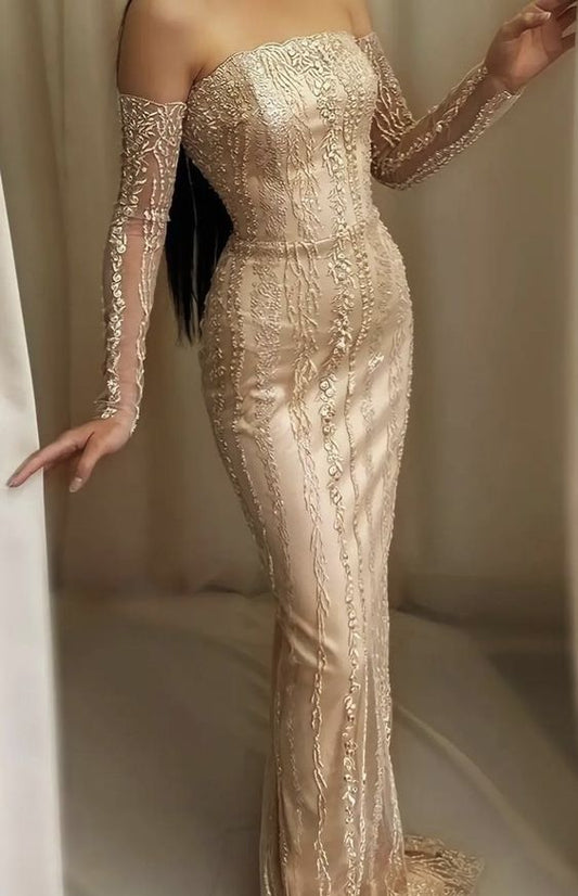 Robe de bal longue champagne, robe de soirée champagne clair fg2397