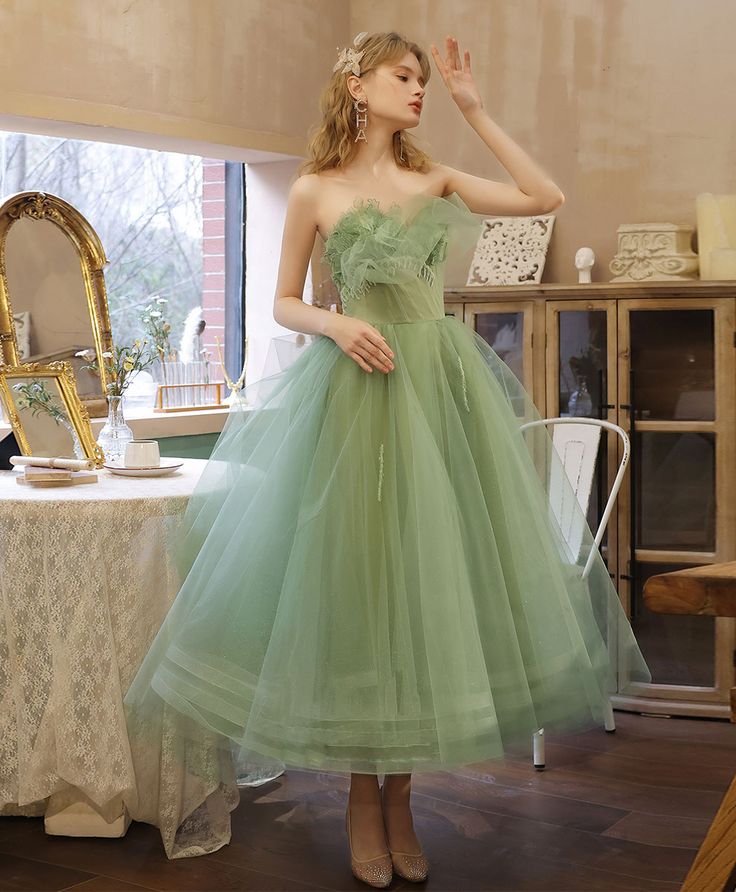 Green Tulle Lace Tea Length Prom Dress Green Tulle Formal Dress fg2359 Green Tulle Lace Tea Length Prom Dress Green Tulle Formal Dress fg2359