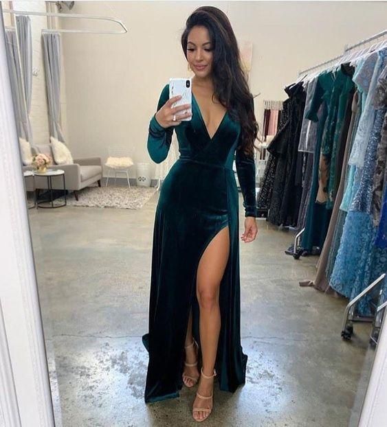 Hunter V-Neck Split Front Velvet Prom Evening Party Dress fg1043