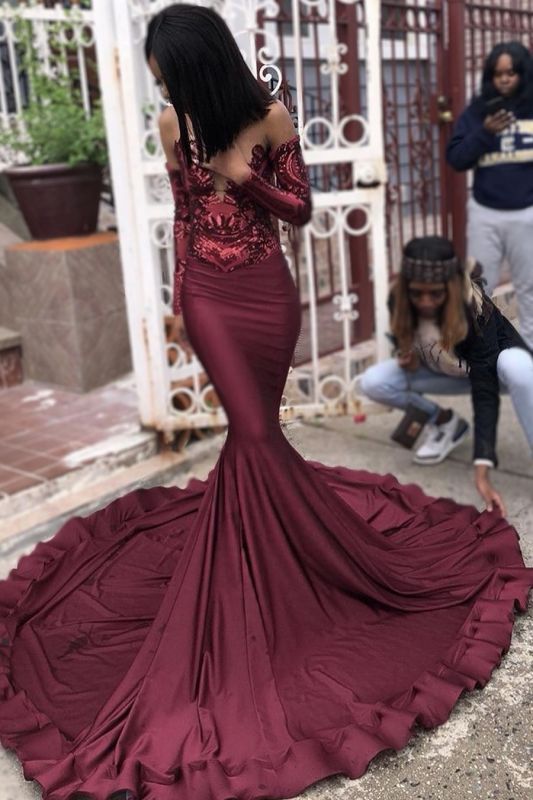 Robe de bal sirène bordeaux sexy à paillettes | Robe de soirée à manches longues fg2399