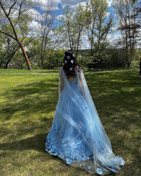 Sweet Sparkly V Neck Blue Tulle Prom Dresses with 3D Flowers fg2366