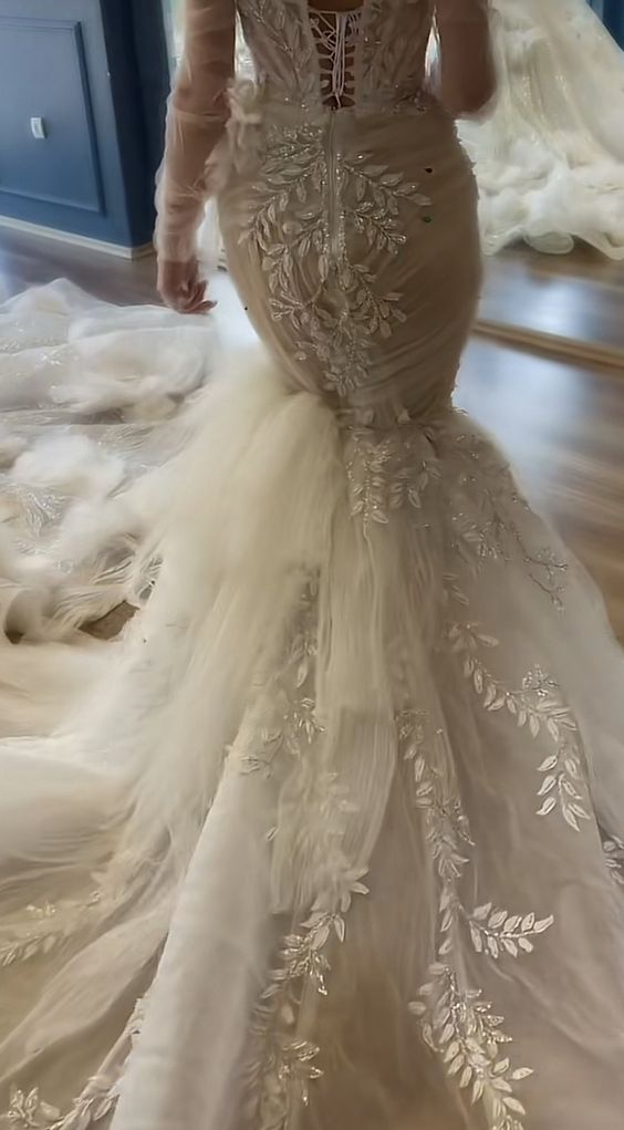 Robe de bal longue en dentelle ivoire, robe de soirée, robe de mariée fg2467