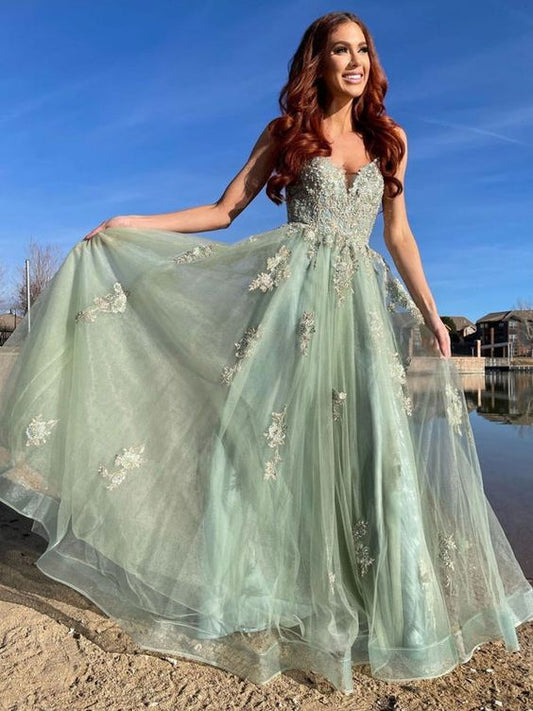 Langes Ballkleid aus grünem Tüll, formelles Kleid aus grünem Tüll fg1857