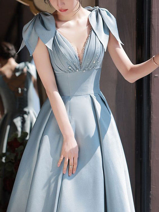 Robe de bal longue en satin bleu à col en V et perles, robe de soirée bleue fg2249