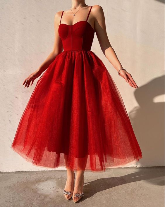 Robe de soirée élégante en tulle rouge, coupe trapèze, longueur cheville, fg1982
