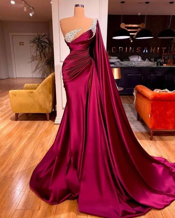 Long One Shoulder Beaded Crystal Dress fg1779