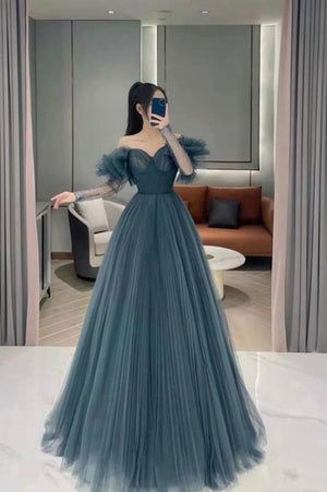 Robe de bal longue en tulle bleu, robe de soirée trapèze fg2292