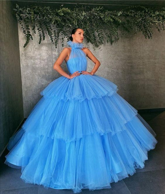 Robe de bal princesse bleue avec jupe en tulle superposée fg1231