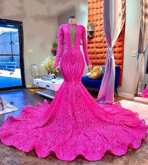 Rosa Spitze Sexy Einbau Meerjungfrau Stil Langarm High Neck Afrikanische Schwarze Mädchen Lange Ballkleider fg1611