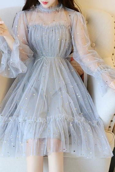 Robe de bal courte et charmante en tulle à manches longues et étoiles scintillantes bleues fg1645